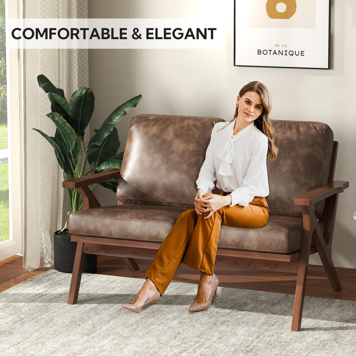 Bonzy Home 51.6" Loveseat Sofa Mid-Century Faux Leather Accent Chair, Upholstered 2-Seat Couch Loveseat with Solid Wood Frame and Cushions, Small Sofa Couch for Living Room, Bedroom,Retro Brown Bonzy Home