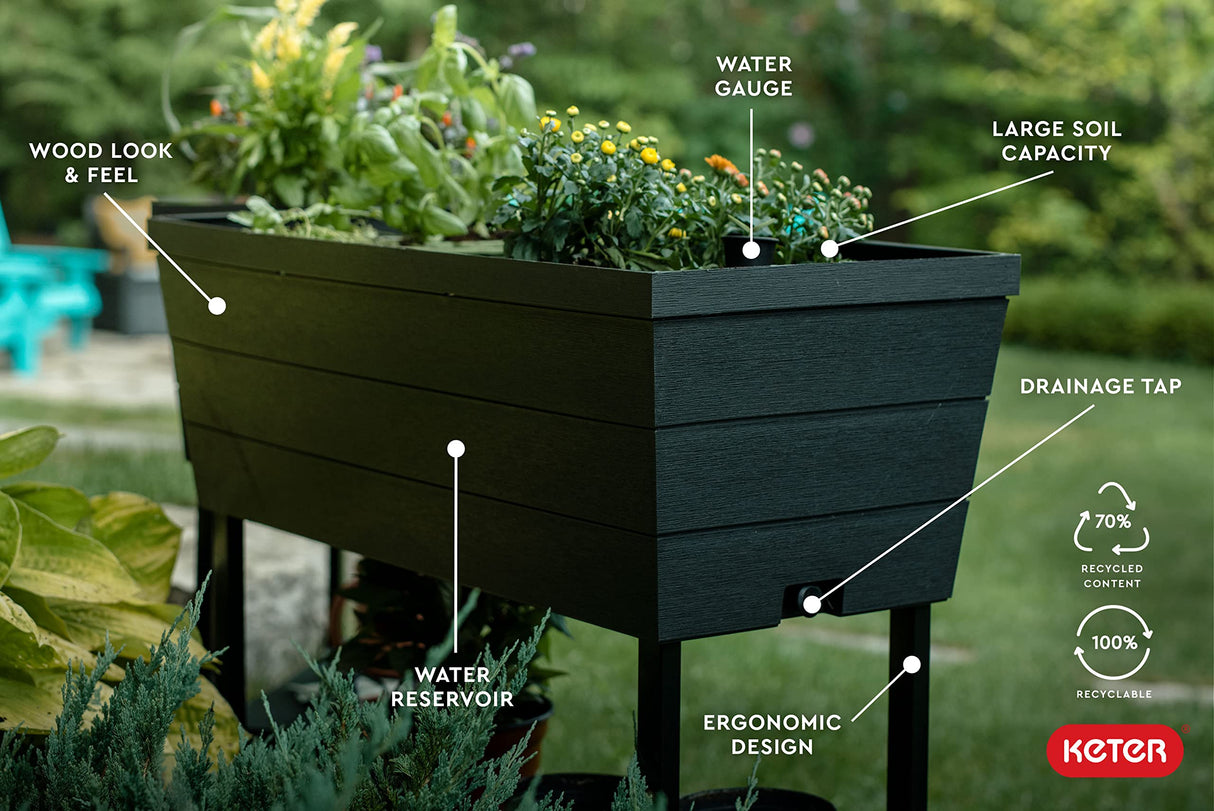 Keter Urban Bloomer 12.7 Gallon Raised Garden Bed and Outdoor Herb Garden Planter with Self Watering Gauge and Drainage Plug, Dark Grey Keter