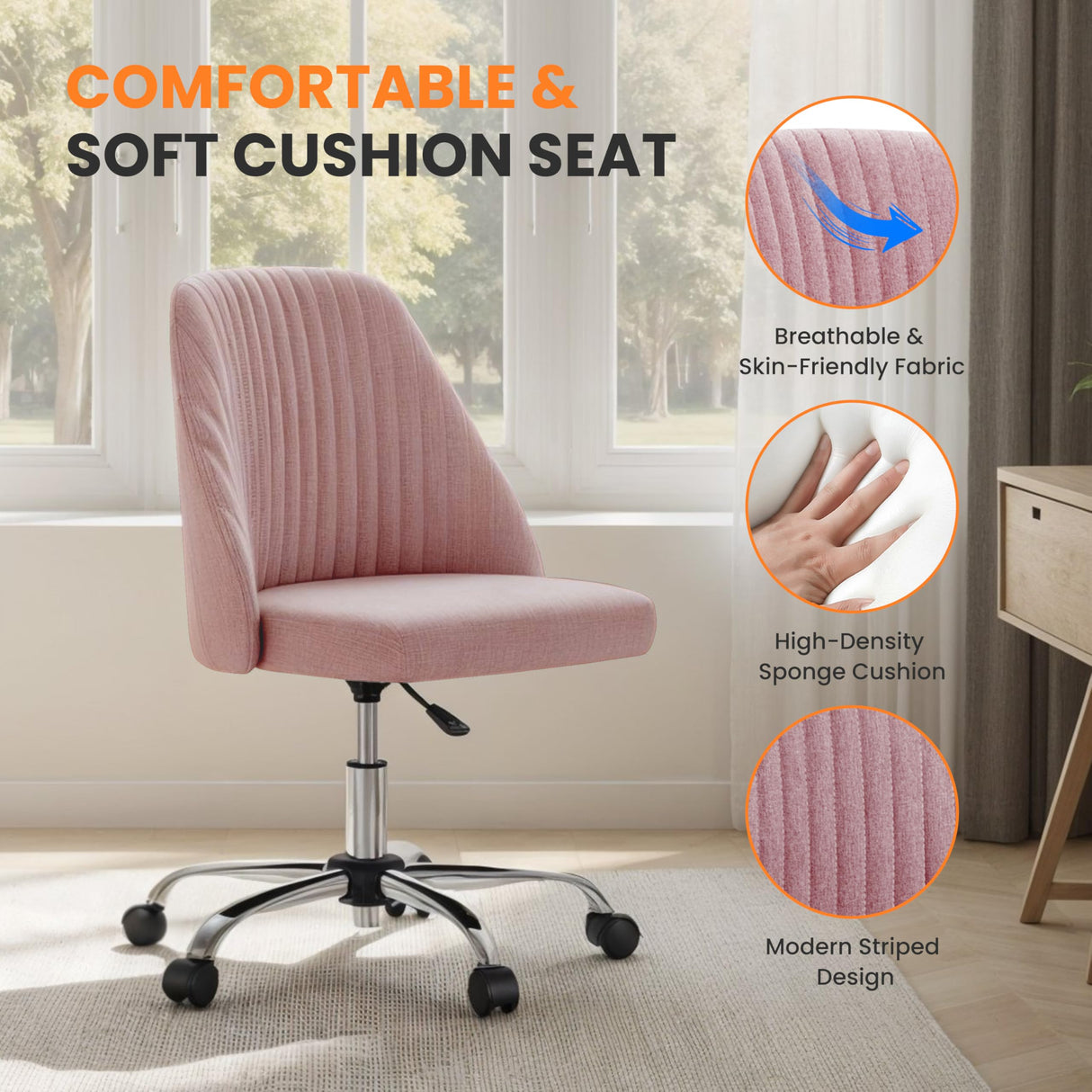 Simple Deluxe Armless Office Desk Chair, Modern Cute Swivel Vanity Chair Comfy Home Office Chairs with Wheels Height Adjustable Rolling Computer Task Stools for Living Room, Make-up, Bedroom, Pink Simple Deluxe