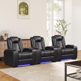 ANJ Power Theater Recliners Set of 3, Electric Home Theater Seating, Black Faux Leather Recliner with Adjustable Headrest, Movie Recliner Theater Chairs with LED,USB, Cup Holders, Hidden Arm Storage ANJ