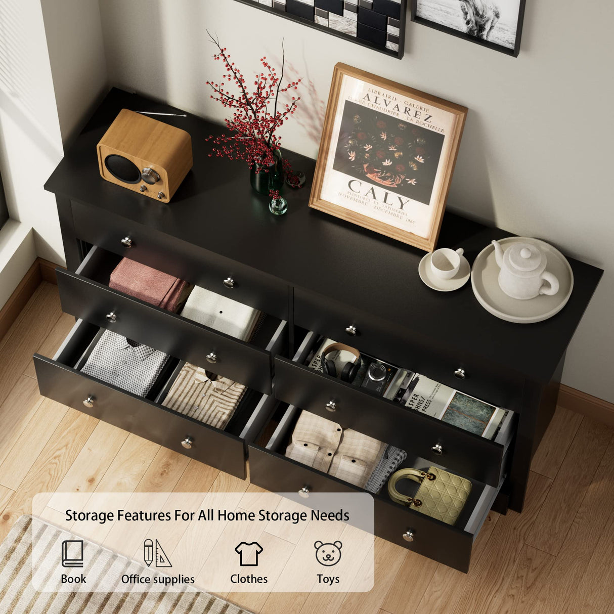 JUMMICO 6 Drawer Double Dresser for Bedroom, Industrial Wood Dresser Modern 6 Chest of Deep Drawers, Wide Storage Organizer Cabinet for Living Room (Black) JUMMICO