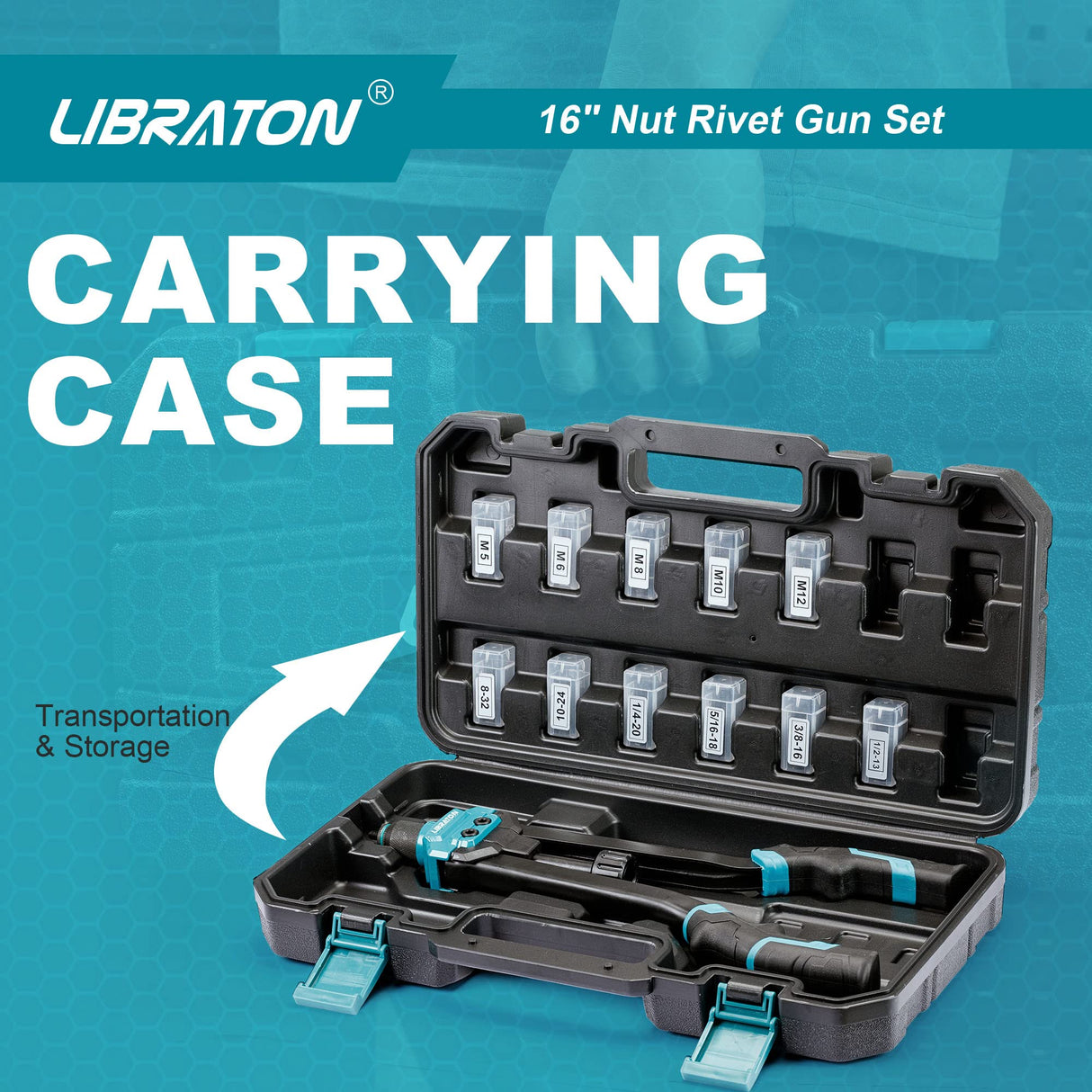 LIBRATON 16" Rivet Nut Tool, Rivet Nut Gun, Hand Rivet Nut Setter with 110PCS Rivet Nuts, 11PCS Metric & SAE Interchangeable Mandrels and Carrying Case, Easy Replace LIBRATON
