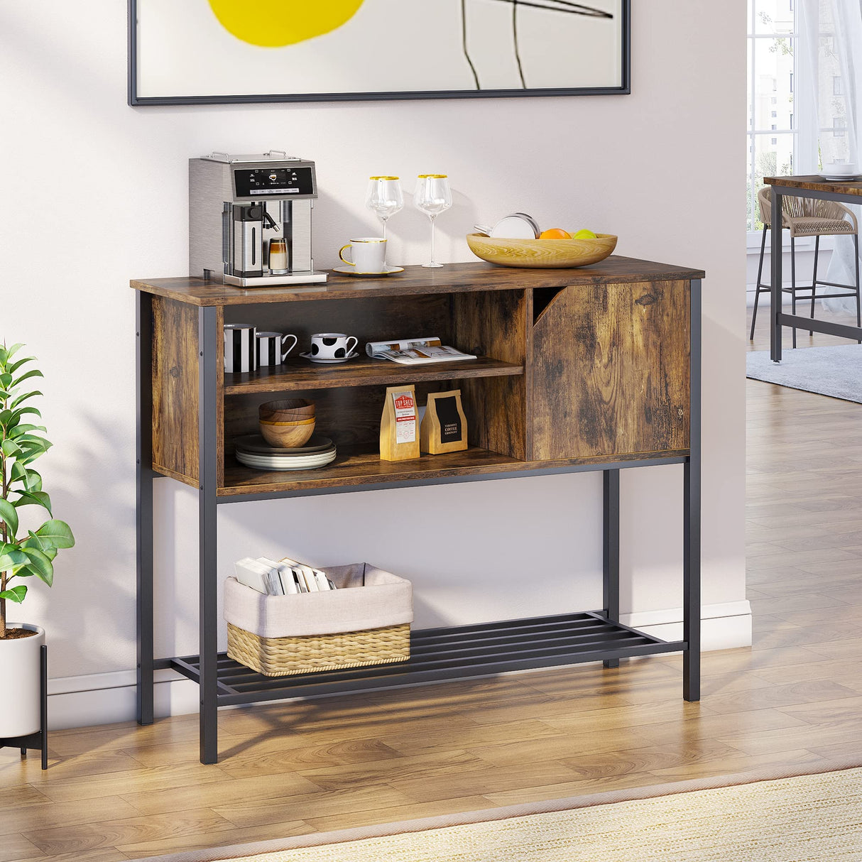 Bestier Coffee Bar with Storage Buffet Cabinet Kitchen Sideboard with Adjustable Shelves Console Table for Kitchen Dinning Room Living Room Hallway Entrance, Rustic Brown Bestier