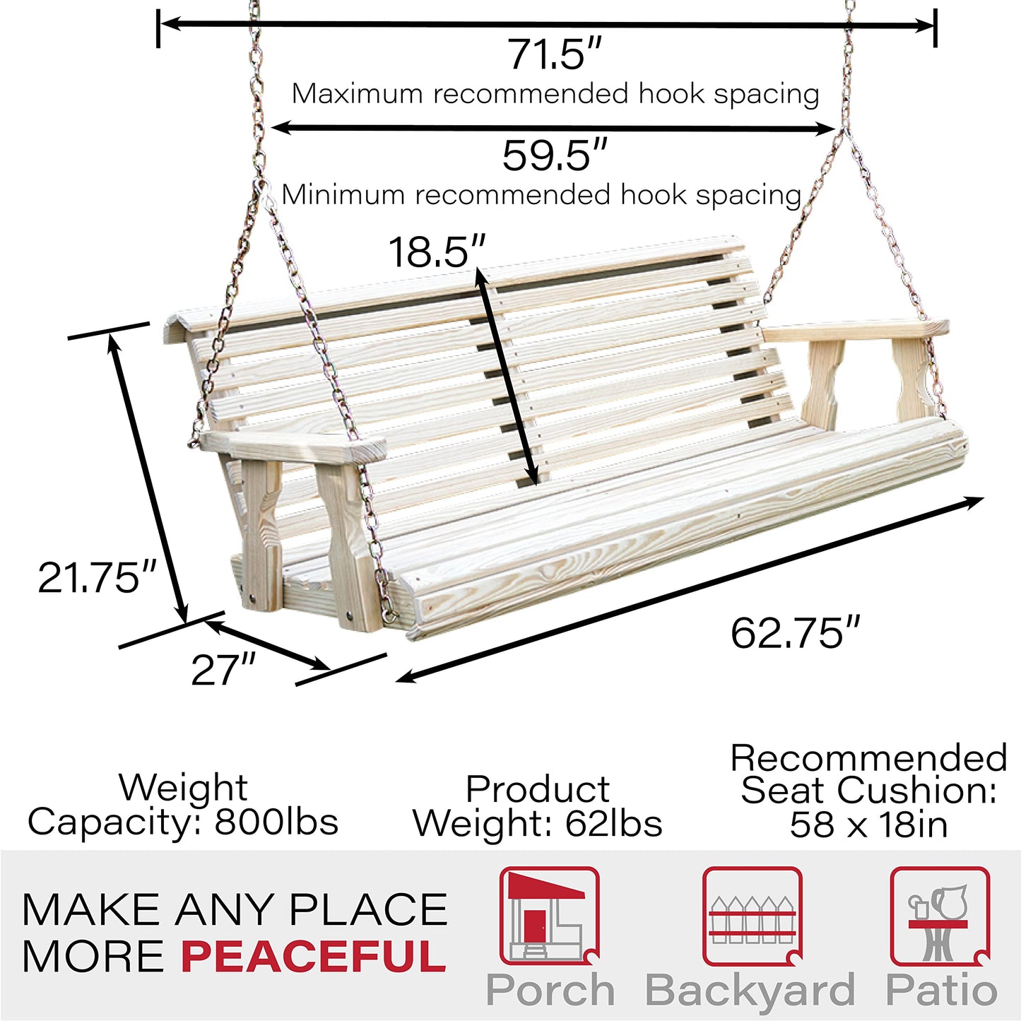 Amish Casual Heavy Duty 800 Lb Roll Back Treated Porch Swing with Hanging Chains (5 Foot, Unfinished) - WoodArtSupply