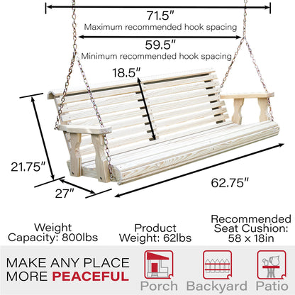 Amish Casual Heavy Duty 800 Lb Roll Back Treated Porch Swing with Hanging Chains (5 Foot, Unfinished) - WoodArtSupply