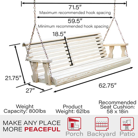Amish Casual Heavy Duty 800 Lb Roll Back Treated Porch Swing with Hanging Chains (5 Foot, Unfinished) Amish Casual