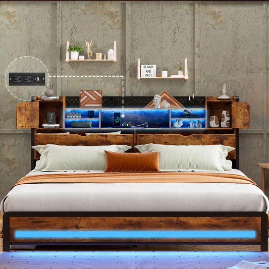 Dnxao King Size Bed Frame with RGB LED Lights, Charging Station & Versatile Storage Solutions - WoodArtSupply