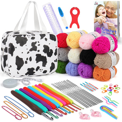 Aeelike Crochet Kit for Beginners with Instructions, 71pcs Starter Crochet Kits Include 655 Yards Yarn, Ergonomic Crochet Hooks 2.0-6.0 mm, Lace Steel Needles 0.6-1.9 mm and PU Leather Tote Bag, Cow
