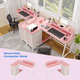 Patikuin L Shaped Desk with Power Outlets & LED Lights, Computer Desk with Drawers & Shelves, Corner Desk Gaming Desk Home Office Desk,Pink Patikuin