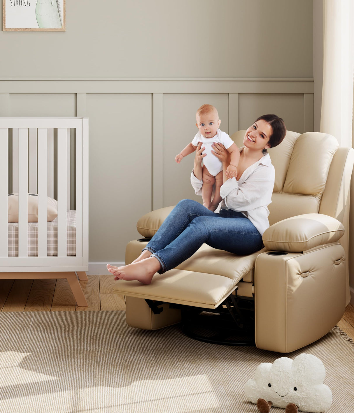 Garvee 27'' Oversized Recliner, Manual Recliner Chair for Adults, PU Leather Single Sofa with Extra Width, for Nursery, Living Room, and Bedroom, Creamy Garvee