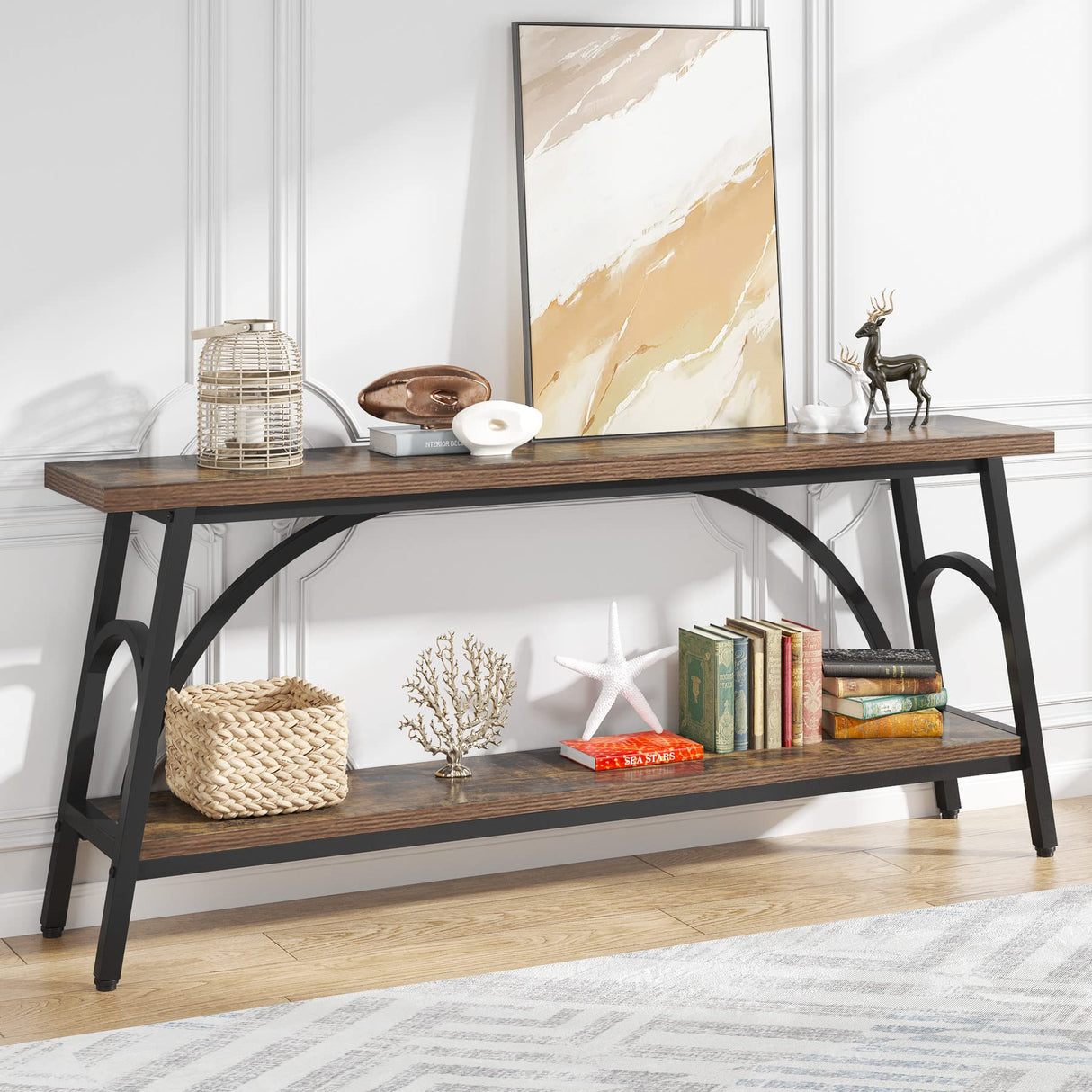Tribesigns Extra Long Sofa Tables, 70.8”Console Table for Entryway, Wood Console Table 2 Tier TV Stand, Behind Couch Table for Living Room, Rustic Brown Black Tribesigns