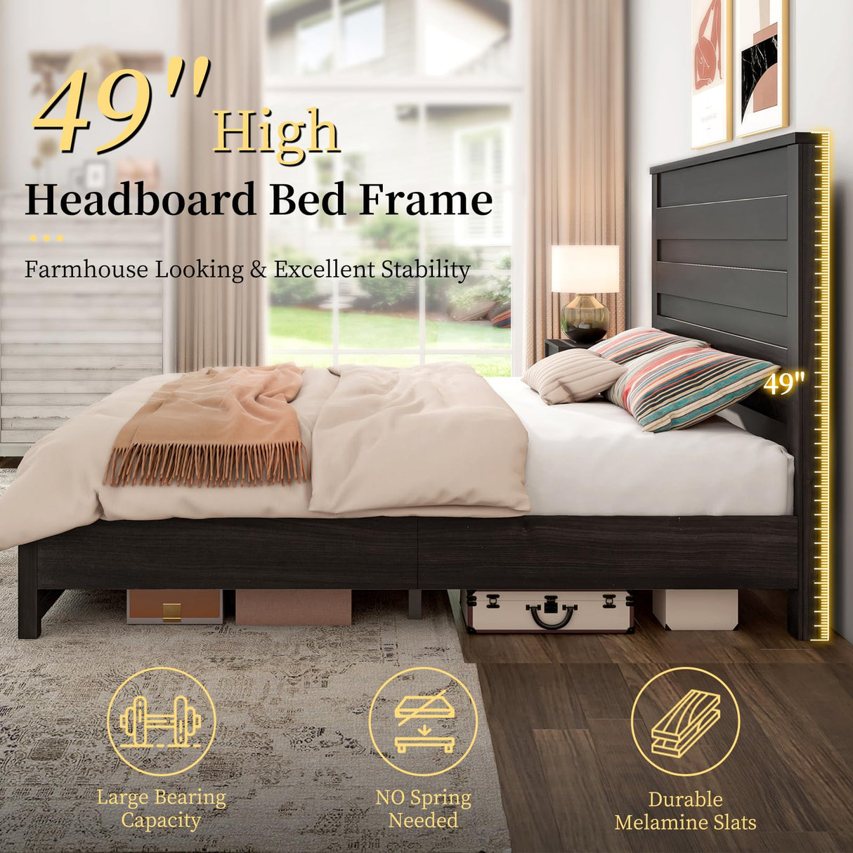 Farmhouse Queen Bed Frame with 49" Tall Headboard - LUXOAK Wooden Platform Bed, Noise-Free & No Box Spring Needed, Black LUXOAK