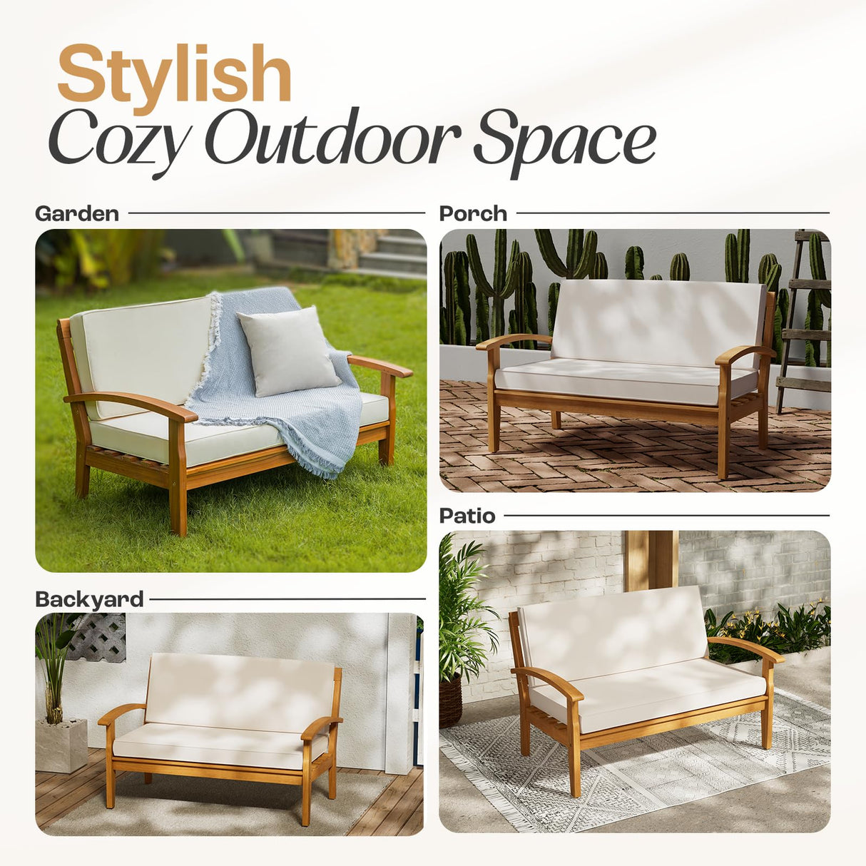 IDZO Laurent 800lbs Capacity Acacia Outdoor Loveseat, FSC Certified 2 Seater Patio Sofa with 3.9in Thick Cushions, Teak Finish Porch Couch for Garden Backyard IDZO