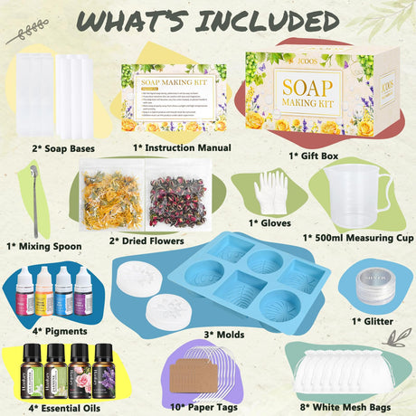 Jcoos Soap Making Kit, Soap Making Kit for Adults Kids, Make Your Own Soap Making Supplies, Soap Base, Soap Mold, Dried Flowers, Soap Dye, Scents Crafts for Girls, Christmas Gifts Jcoos
