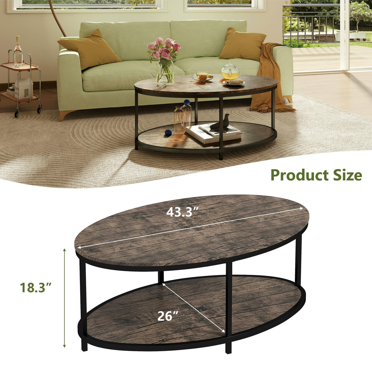 ROCSUMOO 43.3”Oval Coffee Table for Living Room, 2-Tier Coffee Table with Open Storage Shelf, Modern Wooden Side Table for Bedroom Home Office (Oval, Walnut) ROCSUMOO