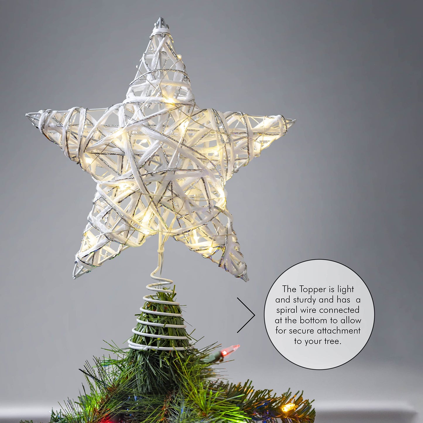 Ornativity Christmas Star Rattan Tree Topper – White and Silver Xmas Holiday Decor Rustic LED Lights Light Up Tree Top Topper Ornament Decoration 12"