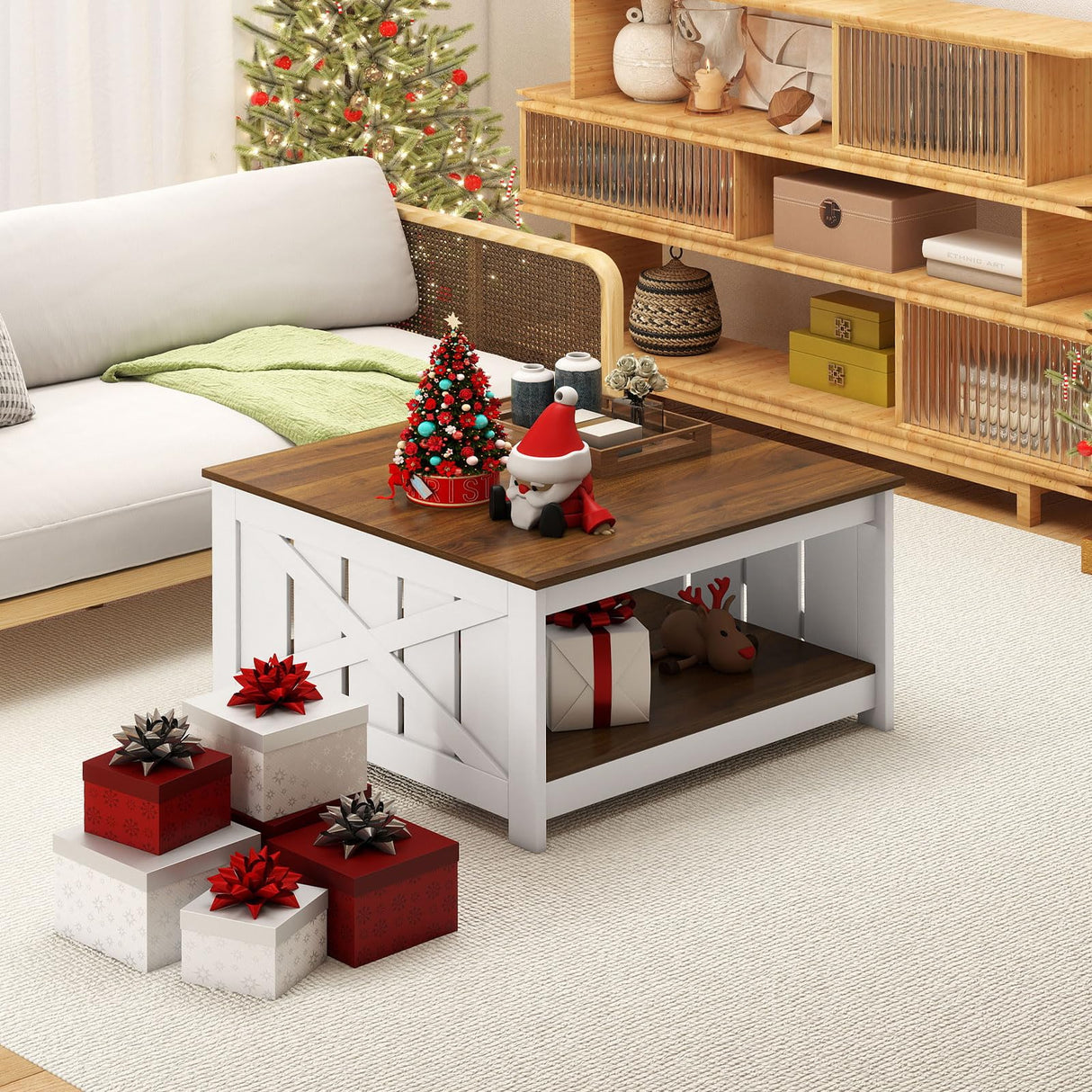 Giantex Farmhouse Coffee Table, 31 Inch Square Wood Coffee Table with Storage Shelf, 2-Tier Vintage Center Table with Open Compartment, Rustic Living Room Table for Home Office, White & Brown Giantex