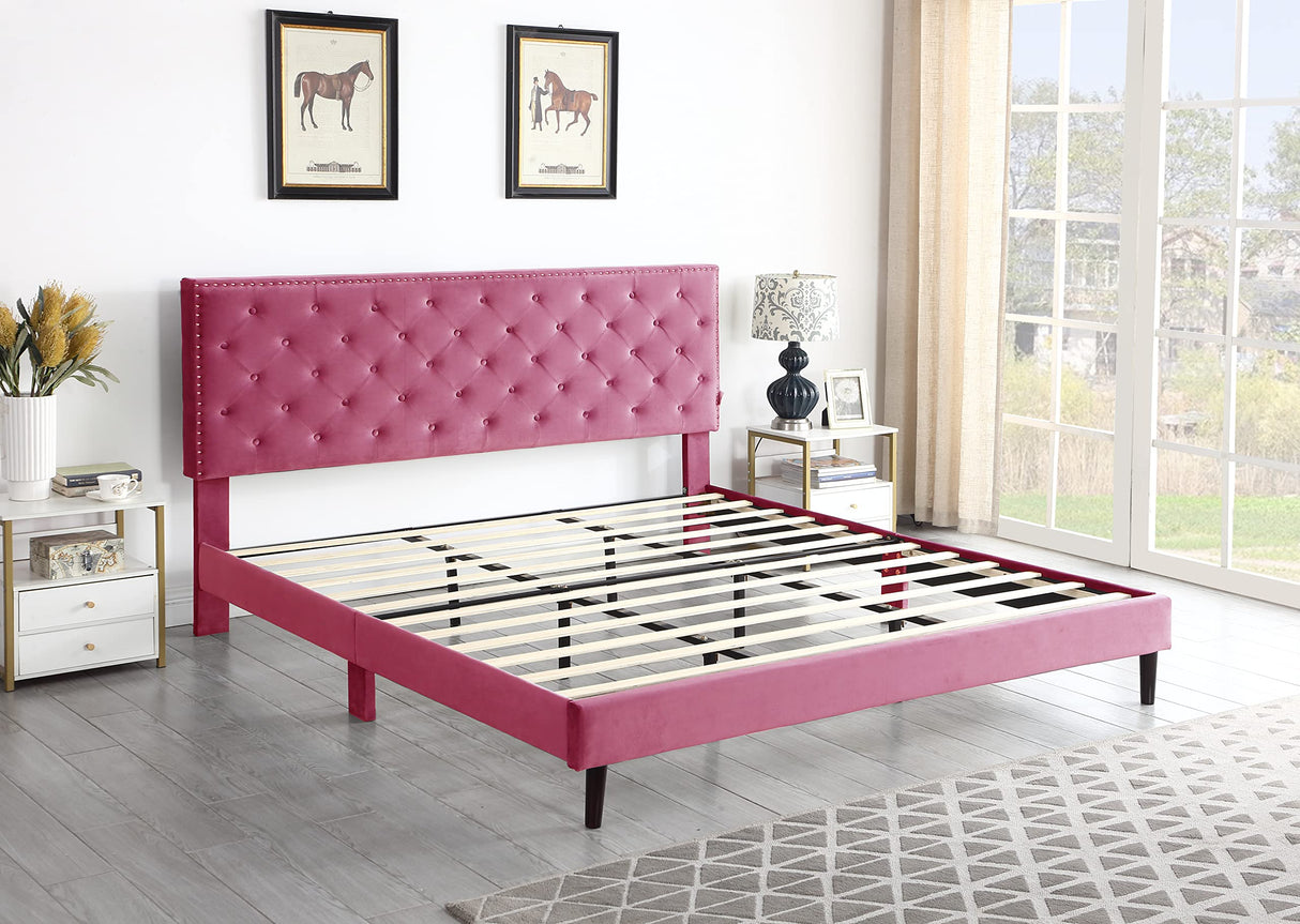 King Upholstered Platform Bed Frame with 48" Tall Adjustable Headboard - Button Tufted Suede Velour Bed- Wood Slat Support with Storage Space - No Box Spring Needed - Pink - OLIVER & SMITH - Princeton OLIVER & SMITH SINCE 1921