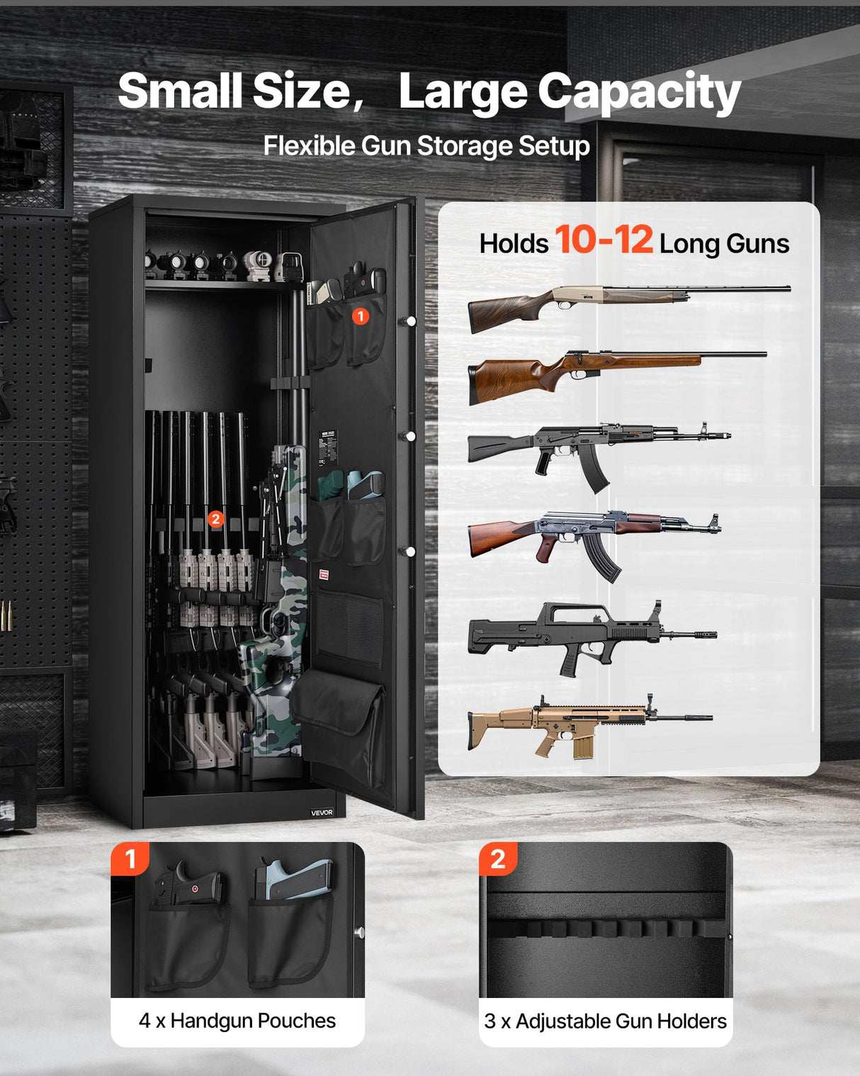 VEVOR 10-12 Gun Safe, Long Gun Cabinet for Rifles and Pistols, Quick Access Rifle Safe with 4 Pistol Pockets and 3 Adjustable Racks, Large Digital Cabinet with Key and Password Lock VEVOR
