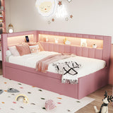 DaiNNCN Twin Size Daybed with Trundle Built-in USB Ports and LED,L-Shaped Day Bed Frame with Storage Shelves,Corner Unit Sleeper Sofa Bed for Girls,Kids,Adults-Pink DaiNNCN