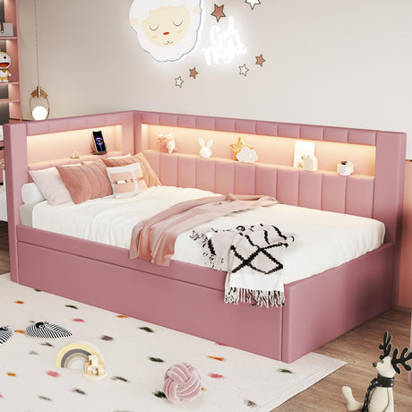 DaiNNCN Twin Size Daybed with Trundle Built-in USB Ports and LED,L-Shaped Day Bed Frame with Storage Shelves,Corner Unit Sleeper Sofa Bed for Girls,Kids,Adults-Pink DaiNNCN