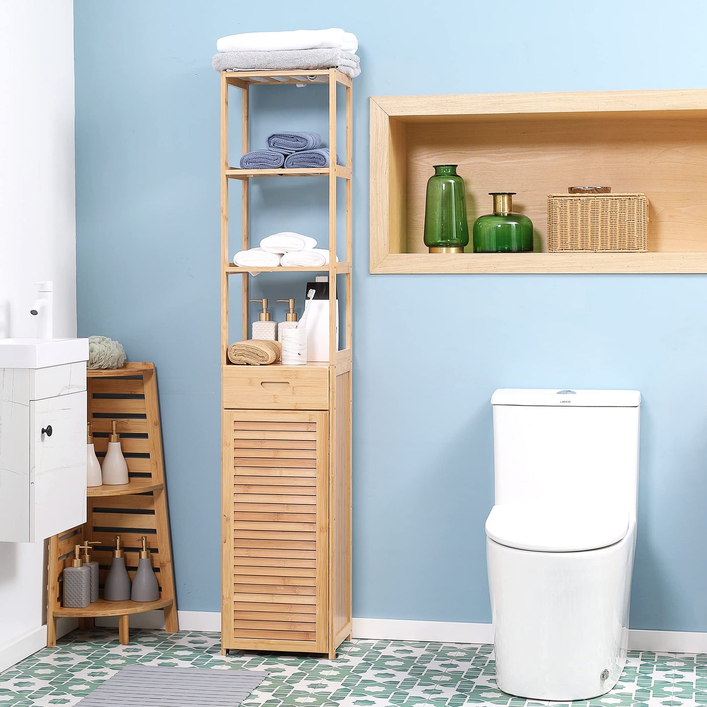 kleankin Tall Bathroom Cabinet with Drawer and Slatted Shelves, Slim Bamboo Linen Tower with Louvered Door, Natural - WoodArtSupply