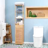 kleankin Tall Bathroom Cabinet with Drawer and Slatted Shelves, Slim Bamboo Linen Tower with Louvered Door, Natural kleankin