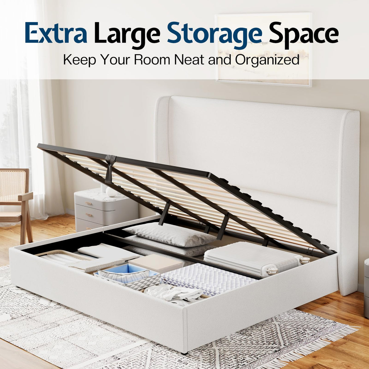 Jocisland King Size Bed Frame with Storage - Upholstered Lift Platform Bed, Wingback Headboard, Hydraulic System, No Box Spring Needed, Wood Slats Support, White Jocisland