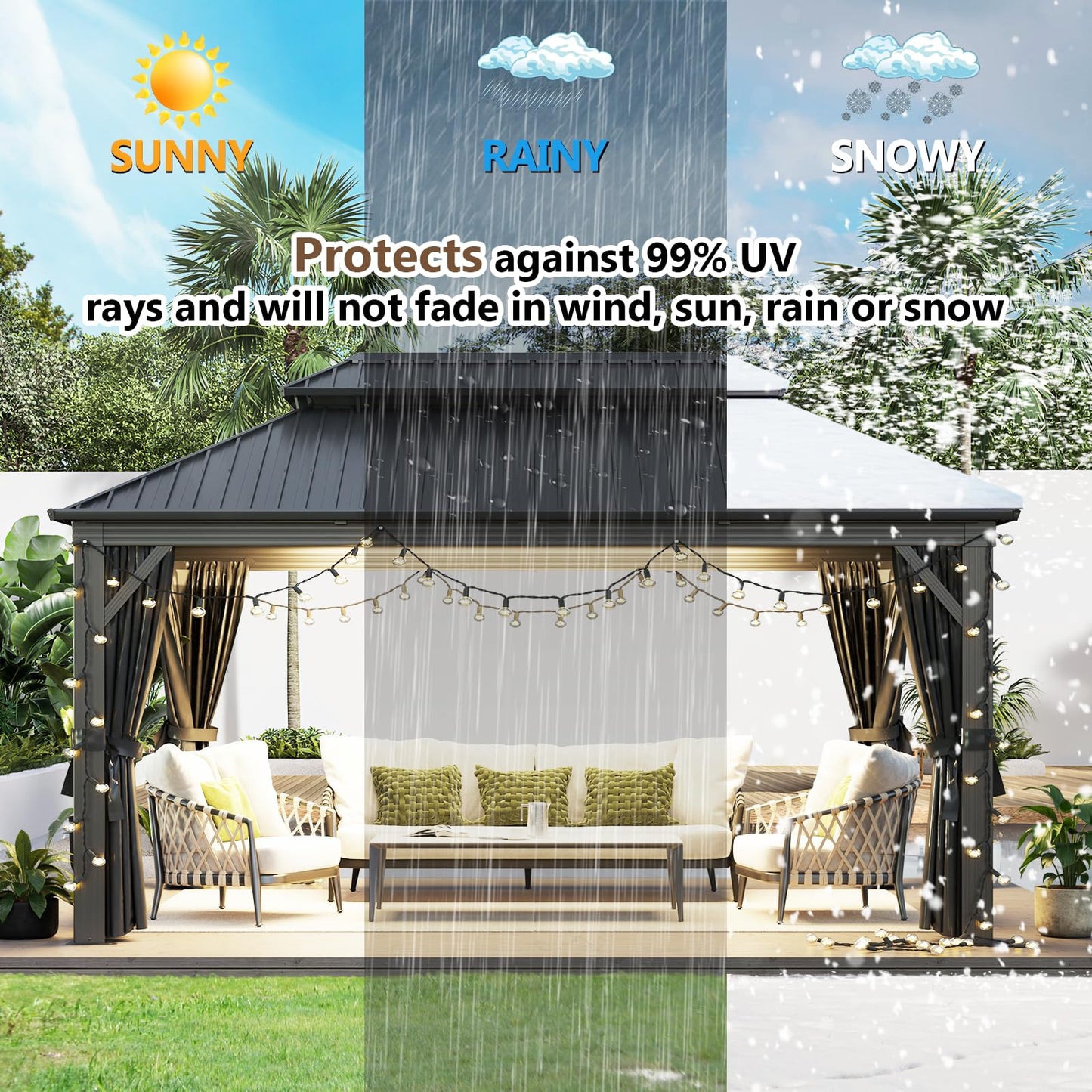 oneinmil 12' X 16' Hardtop Gazebo, Outdoor Gazebo with Netting and Curtains, Galvanized Steel Double Top Permanent Aluminum Gazebo, for Gardens, Decks, Patios, Parties - WoodArtSupply