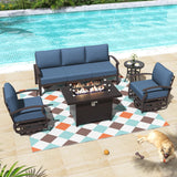 ALAULM Aluminum Patio Furniture Set with Propane Fire Pit Table 5-seat Metal Outdoor Furniture w/Fire Pit Patio Sectional Sofas w/5.3" Cushions for Patio, Backyard, Poolside-Dark Blue ALAULM