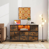 LYNCOHOME Dresser with Power Outlets and LED Lights, Dresser TV Stand with 8 Drawers, Fabric Chest of Drawers for Bedroom, Living Room, Entryway, Sepia Print LYNCOHOME