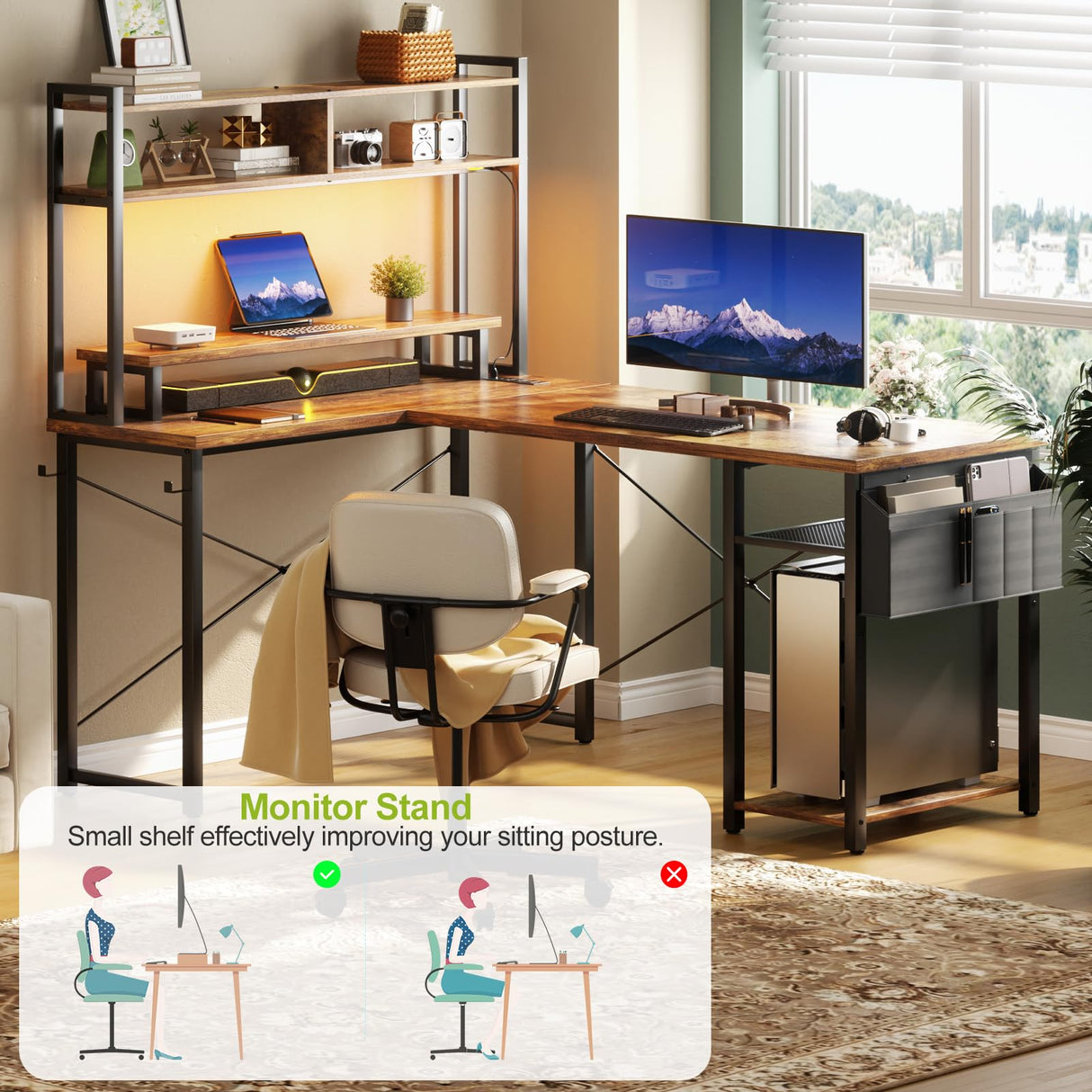 Besiost Small L Shaped Gaming Desk with Power Outlets, 48" Reversible L Shaped LED Computer Desk with Monitor Stand & Storage Shelf, Corner Gamer Desk Home Office Desk with Storage Bag, Rustic Brown Besiost