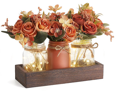 Mkono Mason Jar Lights Centerpiece Table Decorations for Dining Room Farmhouse Coffee Table Decor Tray with 3 Jars Flowers Centerpieces Fall Decor for Kitchen Living Dining Room, Orange