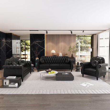 RUSTYER Chesterfield Three Seater Sofa, Mid-Century Modern Faux Leather 3-Seater Upholstered Couch, Tufted Living Room Sofa with 2 Pillows and Button Nailhead, Black RUSTYER