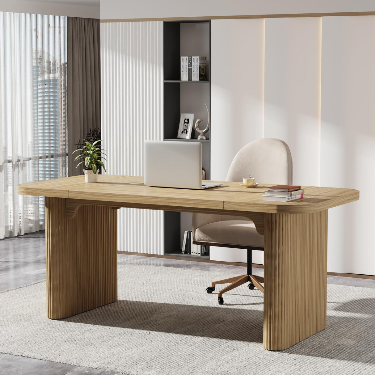 Tribesigns 62" Executive Desk, Large Computer Office Desk with Double Pedestal, Modern Simple Style Natural Wood Top Rectangle Writing Desk for Home Office (Natural) Tribesigns