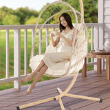 Swing Egg Chair with Stand Foldable Hanging Egg Chair Indoor Outdoor Wicker Rattan Basket with UV Resistant Cushions for Bedroom Balcony Backyard 350lbs Capacity (Beige) WoodArtSupply