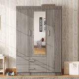 3 Doors Wardrobe Armoire Closet with Mirror, 68.2" H Wooden Freestanding Armoire Wardrobe Closet with Locking Drawers and Shelves, Bedroom Clothes Closets Wardrobes Cabinet with Hanging Rod, Gray cloblane