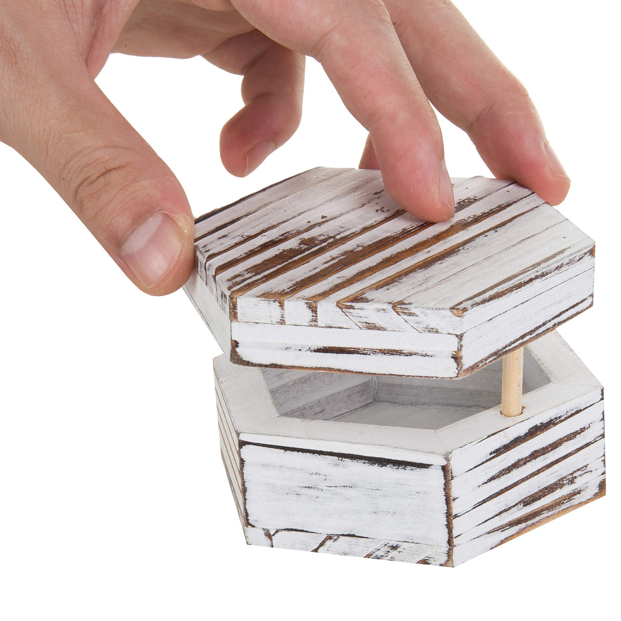 MyGift 3 Inch White Washed Solid Wood Wedding Ring Box, Hexagon Shape Trinket Box and Ring Holder, Small Jewelry Gift Box MyGift