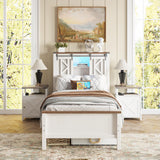 Fameill Farmhouse Twin Size Bed Frame with Storage Headboard, Sliding Barn Door Design, 2-Tier Shelves Bookcase Storage, Charging Ports & USB Outlets, LED Light, No Box Spring Needed, Easy Assembly Fameill