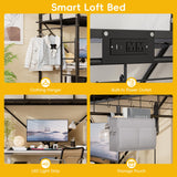 LIPIGE Loft Beds,Loft Bed Twin with Built-in Power Outlet LED Lights,Clothing Hanger Space Saving,Storage Pouch,Heavy Duty Metal Safety Guard Rail for Kids Teens Adults,No Box Spring Needed,Black LIPIGE