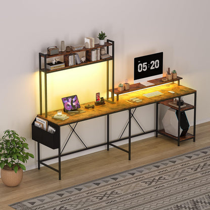 Jojoka L Shaped Computer Gaming Desk with LED Lights & Power Outlets, 67" Reversible Large L-Shaped Desk with Monitor Stand & Storage Shelves (Rustic Brown)