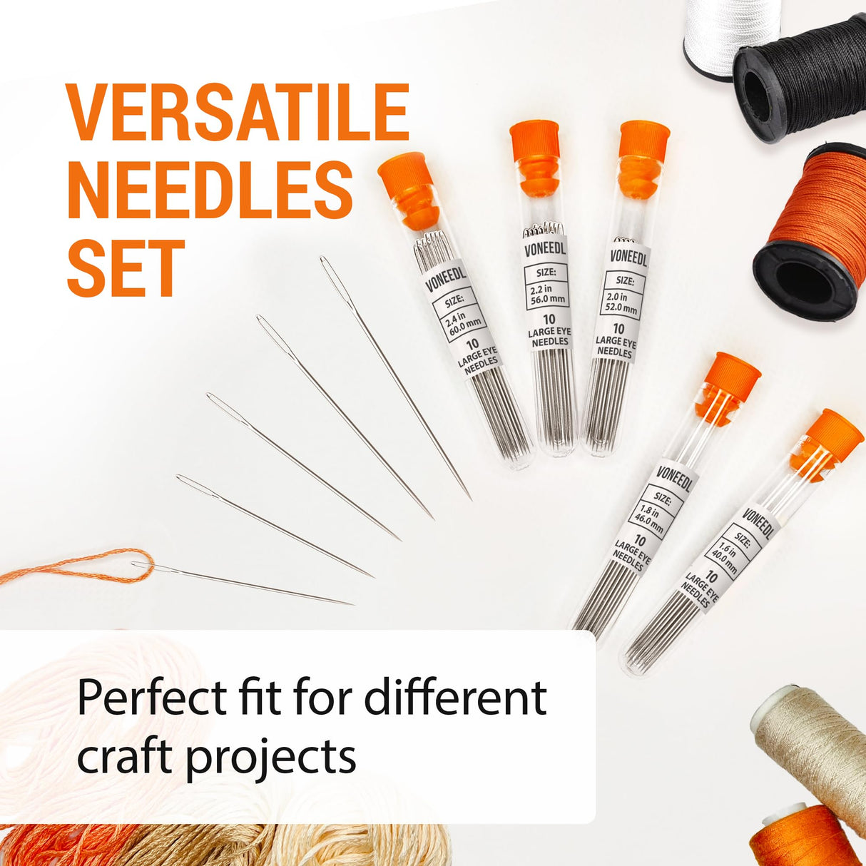 VONEEDL 50 PCS Large Eye Sturdy Hand Sewing Needles - Easy to Thread Embroidery Needles - Big Eye Cross Stitch, Quilting, Crewel, Darning, Crafting Needles VONEEDL