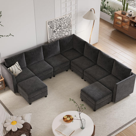 Apicizon Modular Sectional Couch, 9 Seats U Shaped Couch with Storage, Modern Chenille Sofa Set with USB Charging Ports, Comfy Couches with Chaise for Living Room, Office, Dark Grey Apicizon
