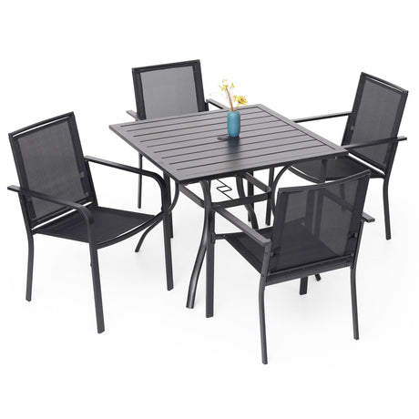 Anmutig 5 Piece Patio Dining Set, 4 PCS Outdoor Black Sling Stackable Chairs and 35" Square Metal Patio Table with Umbrella Hole for Garden Backyard Deck Anmutig