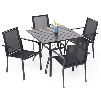 Anmutig 5 Piece Patio Dining Set, 4 PCS Outdoor Black Sling Stackable Chairs and 35" Square Metal Patio Table with Umbrella Hole for Garden Backyard Deck