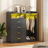 Bigbiglife Dresser with Clothes Rack for Bedroom Wood, 4 Drawer Dresser White with LED Lights and Power Outlet, 15.7" D x 43.3" W x 45.7" H, Tall Storage Chest of Drawers with Flexible Shelf,Black Bigbiglife