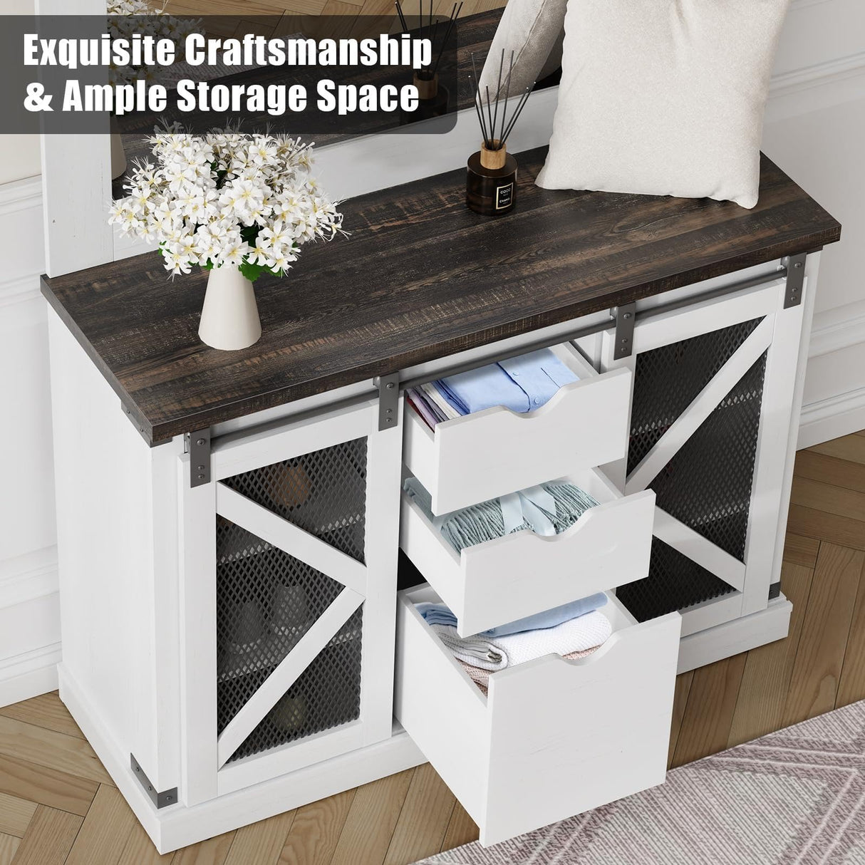 TROPOW Home Farmhouse Hall Tree with High-Definition Mirrors, Spacious Storage Space, and Stable Shoe Cubbies - Multifunctional Coat Rack and Bench for Entryway, White TROPOW