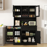 Shintenchi Kitchen Pantry Storage Cabinet, Freestanding Buffet Cabinet with Microwave Stand & 4 Door Shelves, Kitchen Hutch with Doors, Adjustable Shelves and Wine Rack, Black Shintenchi