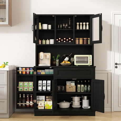 Shintenchi Kitchen Pantry Storage Cabinet, Freestanding Buffet Cabinet with Microwave Stand & 4 Door Shelves, Kitchen Hutch with Doors, Adjustable Shelves and Wine Rack, Black Shintenchi
