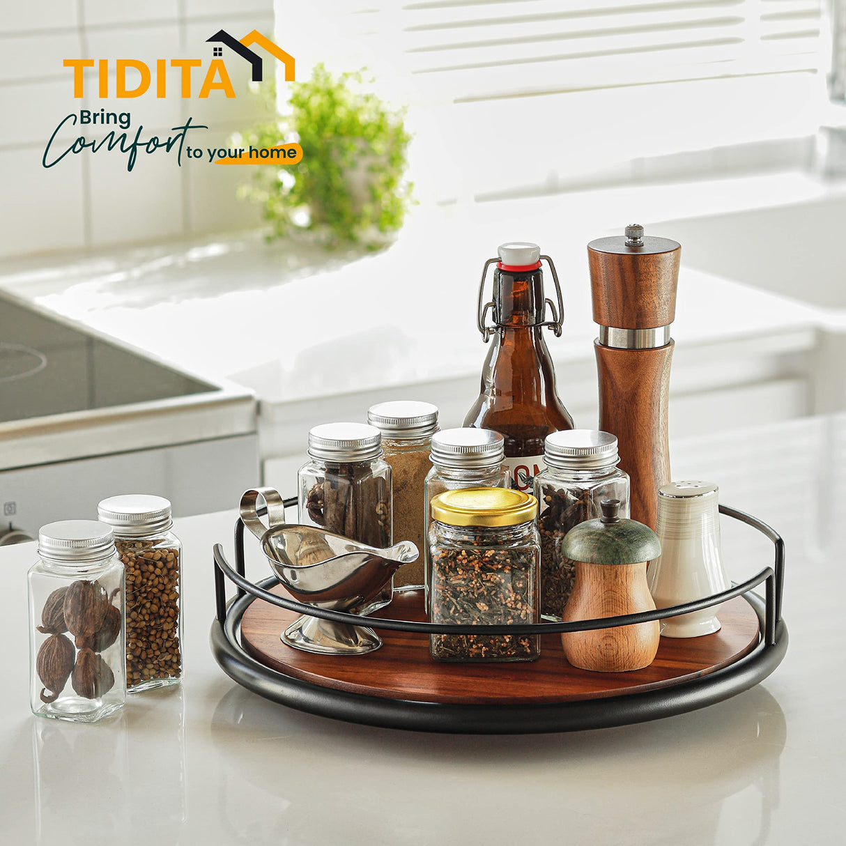 TIDITA 13" Acacia Wood Lazy Susan Turntable with Metal Frame for Table Top - Wooden Serving Tray Rotating for Kitchen Counter - Centerpiece Organizer Storage Food Bin Container for Pantry, Fridge Tidita